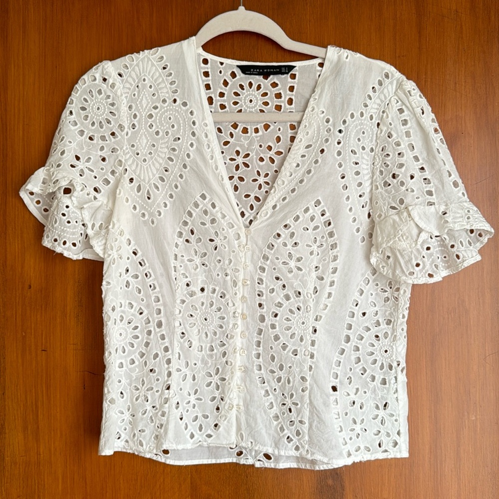 Zara white open work top - M